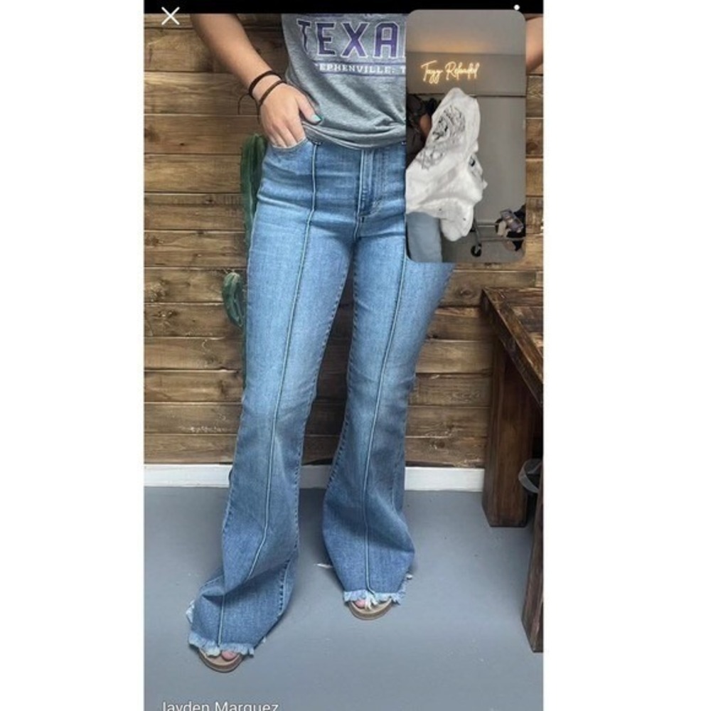 OAT New York Womens Wide‎ Leg High Rise Patch Pocket Jeans Medium Wash Raw Hem